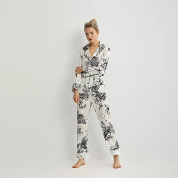 Maison Gabrielle 2021 Primăvară-Vară Mătase Imprimate Satin Pijamale Sleepwear Set Body pentru Femei Pijama Femme 2 Bucati Lungi