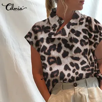 Celmia Femei Vintage Print Leopard Bluze 2021 Tunica De Vara Topuri Cu Maneci Scurte Buton, Casual, Guler Înalt Și Elegant Blusas Feminina