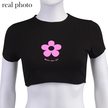 ALLNeon Y2K Streetwear Roz imprimeu Floral Crop Topuri Indie Estetica O-gat Maneci Scurte Grafic Copilul Teuri de Vară Negru T-shirt