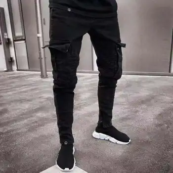 Europene Și Americane de Vânzare Fierbinte Stretch Blugi Barbati Tendință Multi-buzunar Negru Pur Picioare Mici cu Fermoar Pantaloni Casual Pantaloni