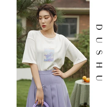 DUSHU Plus dimensiune imprimare negru supradimensionat tricou Femei maneci scurte vintage de vara top alb tricou Casual streetwear femei t shirt