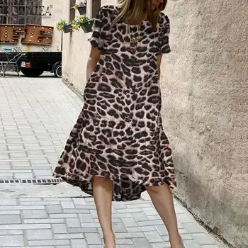 ZANZEA 2021 Vara Vestido Femei Leopard Moda Rochie Midi de sex Feminin Maneci Scurte Zburli Halat Casual O de Gât Neregulate Rochii
