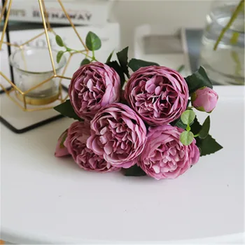 1 Buchet de 5 Capete de Flori Artificiale 30cm Rose Red Roz Decor Acasă de Mătase, Flori False Sala de Nunta Decor Partidul Bujor Pompoane