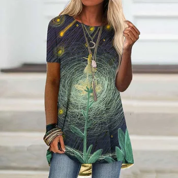 Moda de vara pentru Femei Maneci Scurte Digitale Imprimate T-shirt Liber Pulover Casual T-shirt Star Flower Print Plus Dimensiune S-5XL
