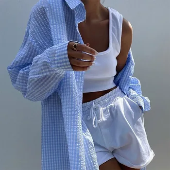 Vara Carouri Stripe pentru Femei Midi Tricouri Casual cu Maneci Lungi Singur Pieptul Cămașă Pentru Femei 2021 Moda Streetwear Nou Lady Topuri