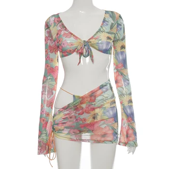 Hugcitar 2021 Y2K Tipărite Longsleeves Lace-up Top de Cultură Neregulate Fusta Mini de Vară Femeile 2Piece Seturi de Potrivire Beach Resort Costum
