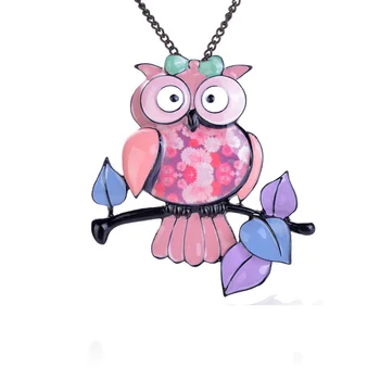 Pink Owl Pandantiv Colier Statement Cadou de Ziua de nastere pentru Fete Email Animale Frunze Coliere Email Cadouri Bijuterii en-Gros 2019 Noi