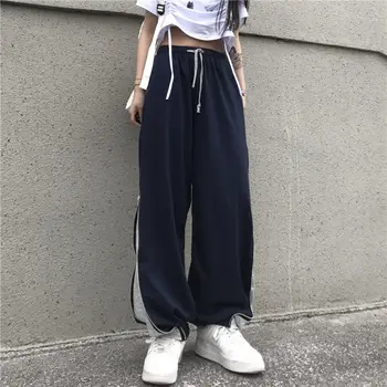 Pantaloni Femei Doamnelor Primăvară Supradimensionate Mozaic Side-Fermoare Hip-hop Antrenament Cuplurile Unisex Talie Mare Retro Chic Stil Japonez