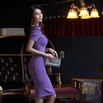 Vara violet strâns rochie piața gât puff sleeve slim noua moda coreeană subțire elegant stil sexy petrecere de birou pentru femei rochii