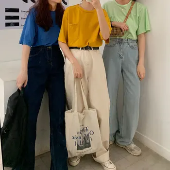 SML 4 culori 2019 coreeană stil șic femei slim denim Pantaloni Casual albastru blugi talie mare pentru femei pantaloni drepte (x966)