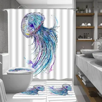 3D Meduze Perdea de Duș Aqua Culori Arta de Animale Ocean Stil 3PCS Podea Mat Set Mare Temă Marină Pânză Tesatura Decor Baie
