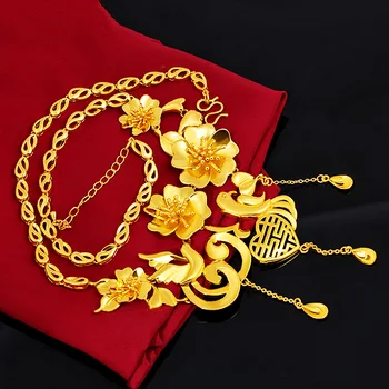 24k Aur Galben Pandantiv Colier pentru Femei Stil Chinezesc Aur Colier Set de Vânt Național Flori de Nunta de sex Feminin Colier Bijuterii