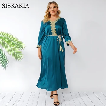 Siskakia Elegant Dantela Aurie V Gât Indie Folk Maxi Rochie pentru Femei Eid Mubarak 2021 Dubai turc Oman arabă Îmbrăcăminte 4XL 5XL