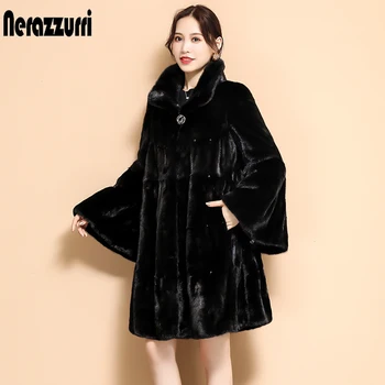 Nerazzurri Iarna neagra plisata faux blana haina lunga de semnalizare maneca stand guler Inconjurat moale pufos sacou Moda coreeană 2021