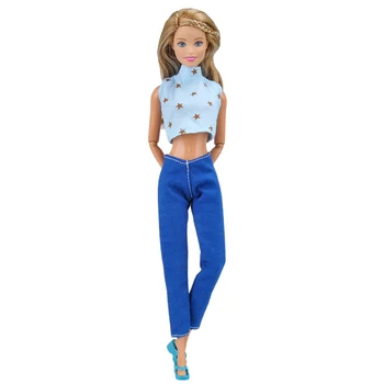 Lumina Albastră de Mare fără Mâneci Gât de Cinci Stele de Imprimare Topuri Creion lungime Pantaloni Pantaloni Haine pentru Păpuși Barbie Haine Accesorii DIY