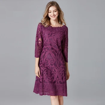 Toamna stil vintage de culoare violet rochie de sex feminin o de gât de mari dimensiuni talie naturale vrac lux elegant genunchi lungime partid rochie de dantelă
