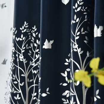 Modern Copac Pentru Perdea de Living Albastru Inchis Panouri Opace Frunze de Argint/Păsări Model Fereastră Draperii pentru Dormitor #VT