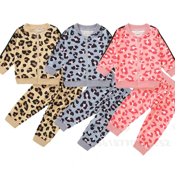 Copil nou-născut Băiat Fată Haine de Toamna Iarna cu Fermoar Maneci Lungi Leopard de Imprimare Topuri T-shirt, Pantaloni Costum de Haine de Toamna Set 2 buc