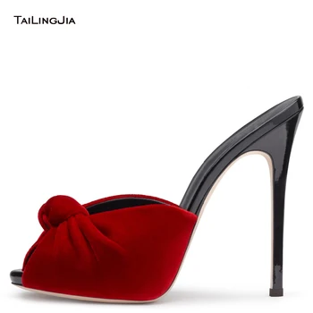 Toc Femei Înnodate Catâri 2021 Sexy Si Damele Negre De Catifea Roșie Vara Pantofi Peep Toe Sandale Partid Rochie De Seara Tocuri De Dimensiuni Mari