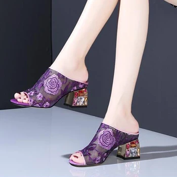 Femei Vara Papuci de Moda Doamnelor Sandale Sexy Dantela Toc Patrat Aluneca Pe Flori Femeilor Confortabile Pantofi pentru Femeie Încălțăminte