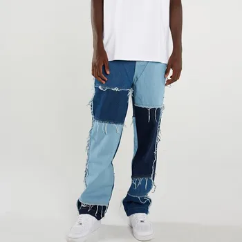 Oamenii Se Spală Cu Îmbinare Casual Drept Moț Mozaic Blugi Pantaloni Sex Masculin Moda Streetwear Vrac Hip Hop Denim Full Lungime Pantaloni