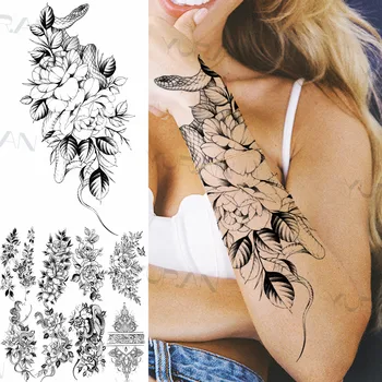 Șarpe Șarpe Flori Autocolant Tatuaj Fals Pentru Femei Wen Henna Rose Butterfly Bujor Tatuaj Temporar De Apă De Transfer Tatuaj Inserați Codul