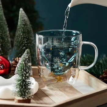 300 ML Pom de Crăciun Creative Ceașcă de Sticlă termorezistentă cu Perete Dublu de Sticla Cana Cana de Cafea cu Capac Drăguț Cadouri de Craciun pentru Fete