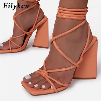 Eilyken Portocaliu Romi Sandale Gladiator Femei Vara sandale Pătrat Tocuri de 11CM Moda Glezna Cruce Dantela-Up Pantofi pentru Femei
