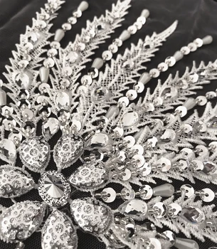 3D ALB Dantelă de Argint Cristale Strasuri Coase pe Haine de Nunta Costume de Patch-uri de Patch-uri Aplicatii 34x57cm Pentru Păr Petrecere de Dans