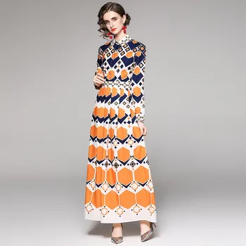 LLZACOOSH Toamna Designer de Moda Sărbătorile Maxi Rochie Femei, cu Maneci Lungi Talie Mare Epocă Geometrie Carouri Lungi Rochie Plisată
