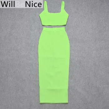 WillBeNice 2019 New Sosire Verde Lime Dungi Verticale Sexy Midi Bandaj Bandaj 2 Bucati Set Bodycon Eleganta Vestido