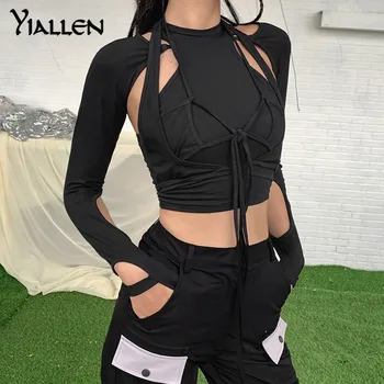 Yiallen Moda High Street Casual Din Bumbac Tricou Femei De Primăvară De Toamnă Negru Slim Streetwear Arc Bandaj T Shirt Doamnelor De Sus Fierbinte