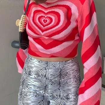 Femei de Moda Roz de Dragoste Inima Imprimare Pulover Feminin Liber Casual cu Maneca Lunga O-gât Pulover Tricotate pentru Toamna Iarna