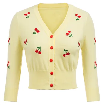 Femei epocă sacou haina doamnelor topuri elegante Cireșe Broderie 3/4 Sleeve V-Neck Trunchiate de Tricotat Haine slim Tricotaje