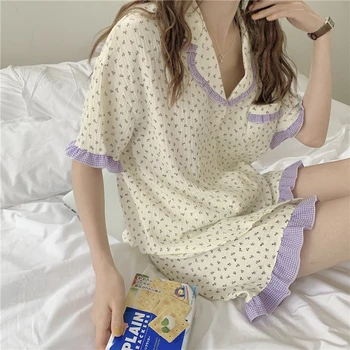 Vara pijama set rândul său, în jos guler camasi+pantaloni scurti haine de acasă dulce volane print floral pijamale de bumbac fete body Y742