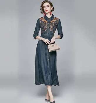 2020 Toamna anului Nou Denim rochii de moda temperament femei rândul său, în jos Maneca Retro Stil Etnic Brodate rochie