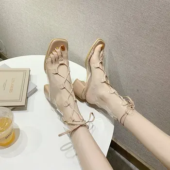 Sandale femei 2020 nou la modă de vară de moda sălbatic net sandale rosii gros transparent cu toc înalt pantofi Romane