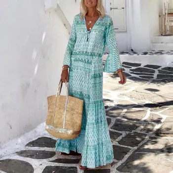 Casual Vintage Imprimeu Geometric Doamna Maxi Rochie Elegant, Flare Sleeve Long Beach Dress Primăvară-Vară V Gâtului Femei Boho Rochie De Petrecere