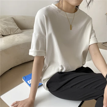 Noi 2021 Primavara-Vara Tricou Femei Bottom de Bază la Modă Supradimensionate Solid Sălbatice coreeană Stil Minimalist Doamna Topuri T1789