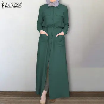 Musulmane Hijab Rochie de ZANZEA Femei Elegante Lungi Tricou Rochie Casual de Toamna Rever mâneci Lungi Cordon Sundress Abaya Vestido