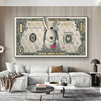 Iepure drăguț Una Ddollar Printuri Abstracte, Alb și Aur Dolar Panza Pictura Modernă, Arta de Perete Poster pentru Camera de zi