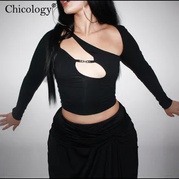 Chicology Gol Maneca Lunga T-Shirt Femei Sexy Club Goth Tricou 2020 Moda Crop Top Haine Y2K Tee Gotic Streetwear