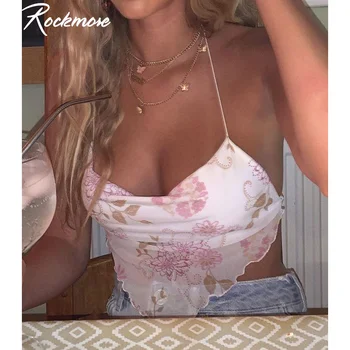 Rockmore Floare Roz Căpăstru Sexy Crop Top pentru Femei V-Neck Tank Top fara Spate Corsetul Tee Y2K Kawaii Camis Petrecere pe Plajă Haine de Vara