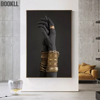 Negru și Auriu Femeie de Mână, Pictură în Ulei pe Pânză Cuadros Postere si Printuri Scandinave Arta de Perete de Imagine pentru Camera de zi