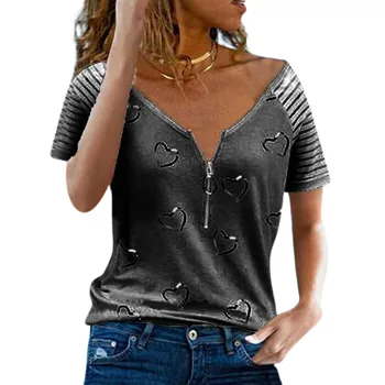 Noua Moda pentru Femei Plus Dimensiune Tipărite V-gât cu Fermoar Liber Casual cu Maneci Scurte T-shirt