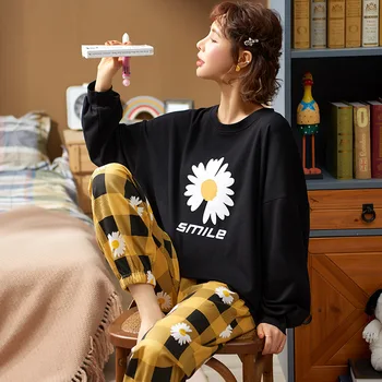 QUEENX Bumbac pentru Femei Pijama Set de Pijamale de Toamnă Și de Iarnă cu Mâneci Lungi Două Piese Vrac Versiunea coreeană Stil de Mari Dimensiuni