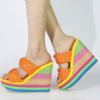 De Dimensiuni mari 35-43 de Brand Nou de sex Feminin Colorate pentru Femei Papuci Pene Platforma Tocuri inalte Papuci de Partid Sandale Pantofi de Vara pentru Femeie
