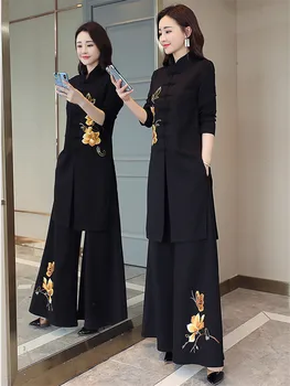 Chineză Stil Două Piese Set De Femei De Moda Naționale Brodate Pantaloni Largi Picior De Îmbrăcăminte De Epocă Plus Dimensiune Costum Conjuntos De Mujer