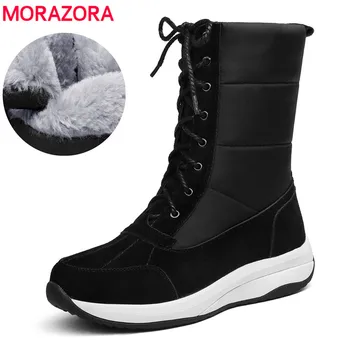 MORAZORA 2021 mai Nou cald zăpadă cizme de piele de căprioară piele +Jos dantelă groasă de blană cizme de iarna pentru femei platforma glezna cizme de sex feminin pantofi