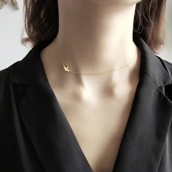 Noi Delicate de Aur Lateral Creșterea Porumbel, Pasăre Colier Mici Cravată la Gât Bijuterii Pure de Argint 925 Moda Coliere Scurte pentru Femei